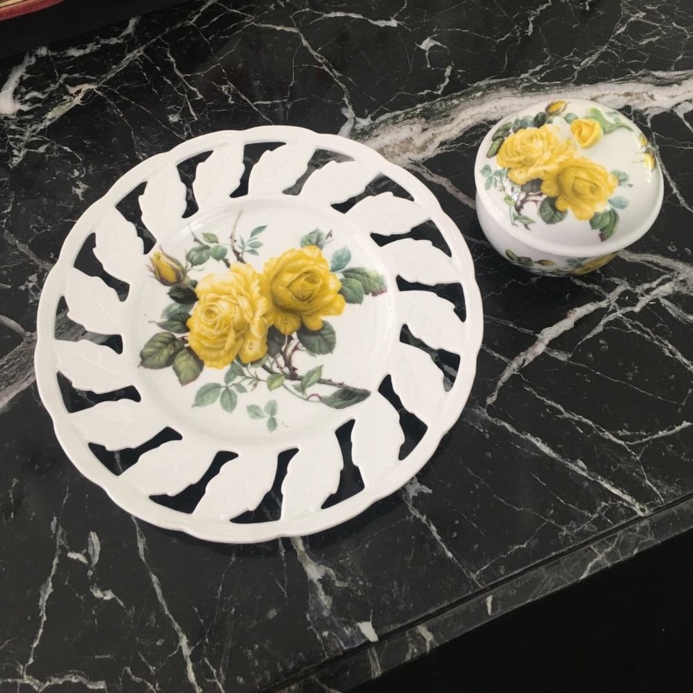 Godinger & co. China lace yellow rose plate & covered sugar or trinket box